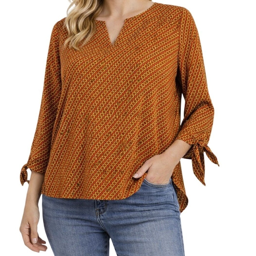 Michael Michael Kors Blouse Womens Medium Orange‎ Chain Print Tie Sleeve Top
